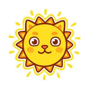 太阳和猫脸有趣的卡通画. 可爱的矢量插图小猫脸与闪亮的太阳光束.