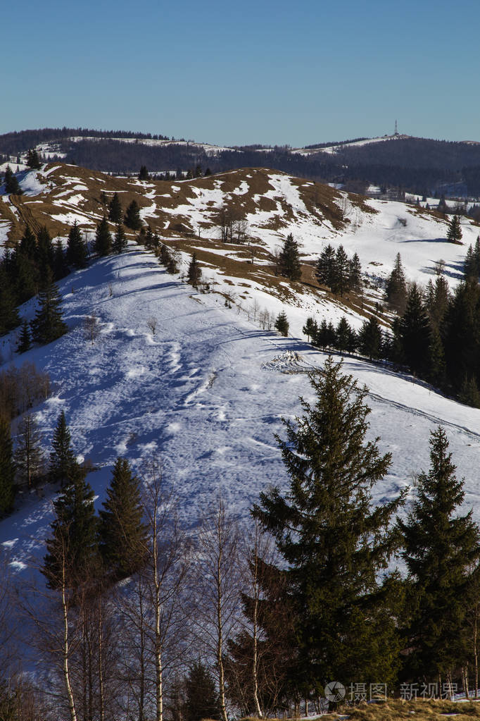 乌克兰亚雷米切附近的山脉背景雪覆盖的山景