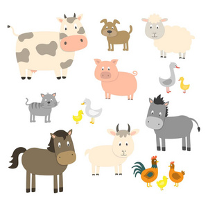 农场动物设置在平面风格孤立的白色背景矢量插图。 可爱的卡通动物收藏羊羊牛驴马猫鸭鹅鸡鸡公鸡。