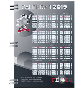 日历规划师为2019年。有趣的相机和标志。 这周从星期天开始。 一套12个月。 打印矢量文具的模板。