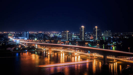 城市夜景天际线亮灯大桥河流通用城市景观