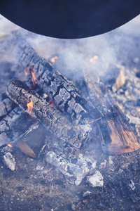 在火上做饭。火上的鱼汤。火上大锅里的食物。户外食物。户外烹饪