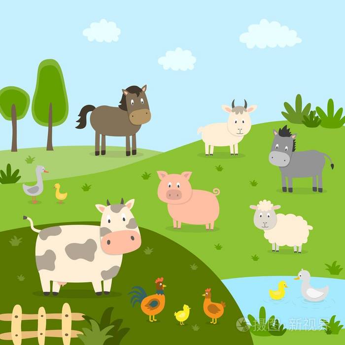 农场动物与景观牛猪羊马鸡驴母鸡鹅可爱的卡通矢量插图平面风格