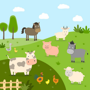 农场动物与景观牛猪羊马鸡鸭鸡鹅。 可爱的卡通矢量插图平面风格。