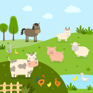 农场动物与景观牛,猪,羊,马,鸡,鸭,鸡鹅.