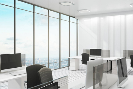 豪华的办公室内部与城市景观家具和日光。 3D渲染