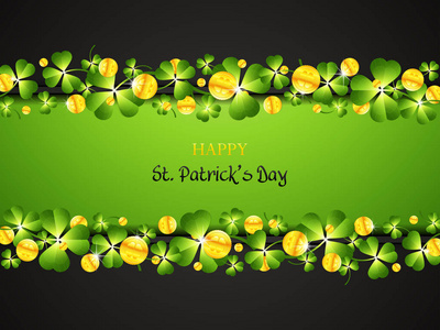s Day background with green clover and golden coins.Greeting car