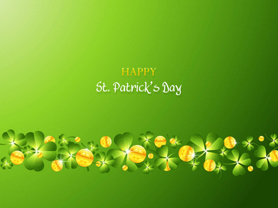 s Day background with green clover and golden coins.Greeting car