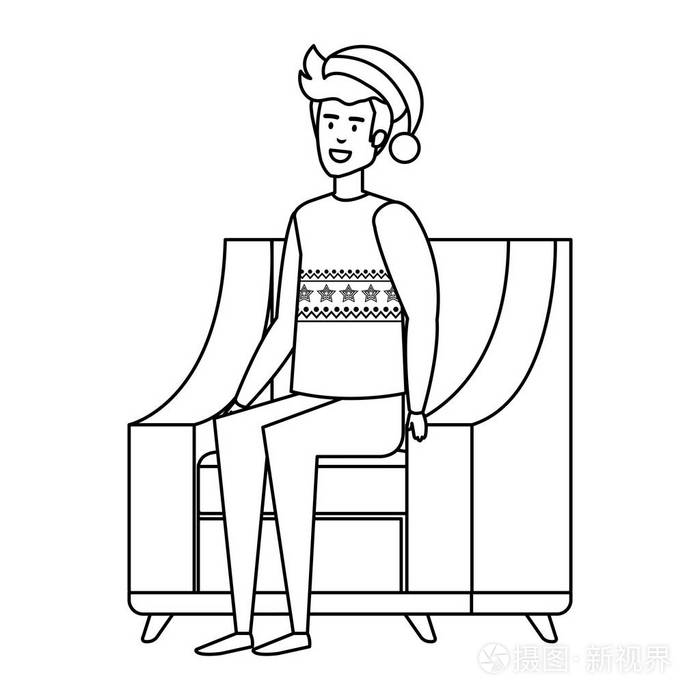 男人坐在沙发上,穿着圣诞毛衣和帽子矢量插图插画-正版商用图片18oyvv