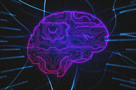 在抽象二进制代码背景上发光的数字大脑。 人工智能和芯片概念。 3D渲染