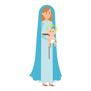 可爱的玛丽与耶稣婴儿字符矢量插图设计