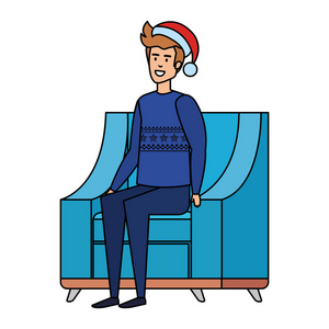 男人坐在沙发上，穿着圣诞毛衣和帽子矢量插图