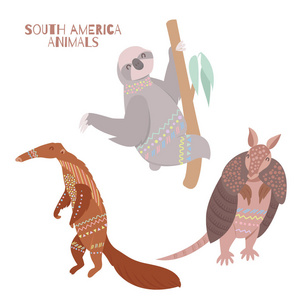 风格化的南美洲动物孤立在白色背景上。 部落扁平南美洲动物收藏。 南美洲的动物符号。