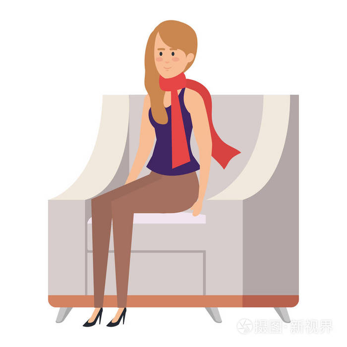 坐在沙发上的女人带着圣诞围巾矢量插图设计插画-正版商用图片18p0pl