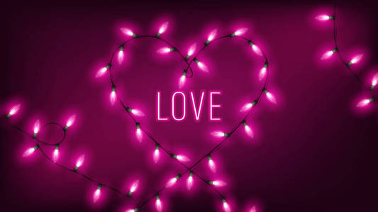 粉红色的仙女灯，心形挂在深色背景上，带有霓虹灯文字
