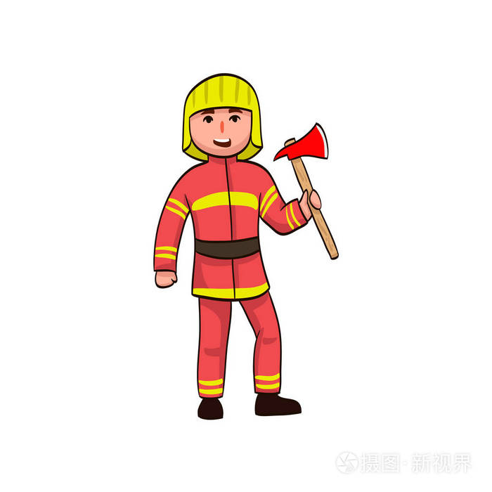 卡通有趣的消防队员带斧头的头盔男孩