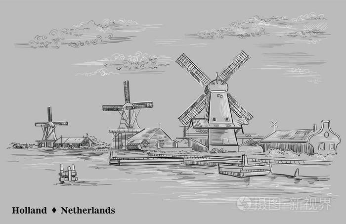 插画 荷兰荷兰水磨坊矢量手绘插图. 查看堤岸码头和水厂.