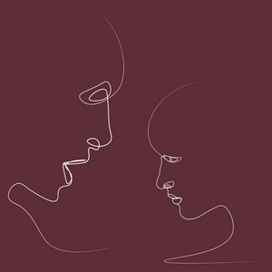 单人剪影两个人用一条线画了剪影. 简单的插图. 在彩色背景上分开.