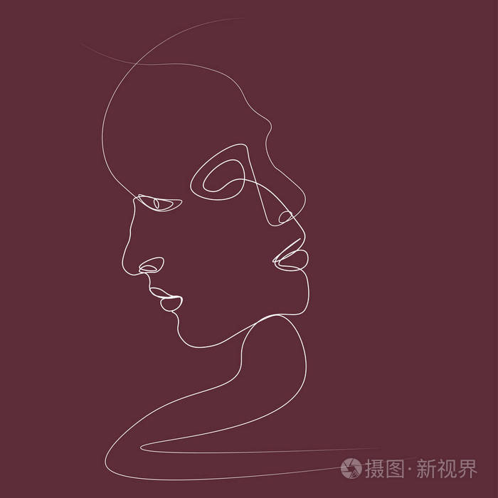 两个人用一条线画了剪影简单的插图在彩色背景上分开