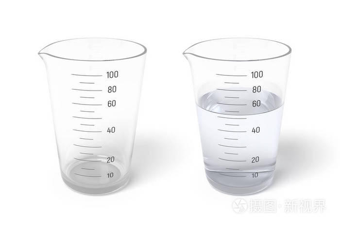 3d 渲染两个测量杯的一半充满透明液体隔离在白色背景