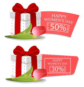 s Day Discount Banners with Gift Box and Tulip. Gift Box with Re