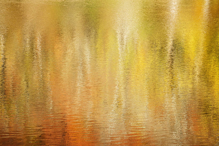 秋天森林在不平静的湖面上的抽象倒影
