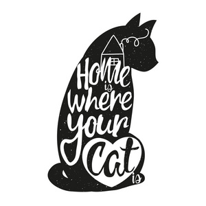 排版海报与文字报价家是你的猫在哪里。具有动物和复古质感的灵感装饰设计