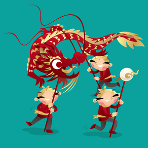 中国小孩跳龙舞来庆祝农历新年