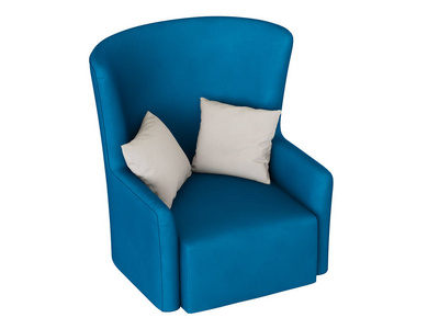 柔软的蓝色椅子，两个枕头在白色背景3d渲染