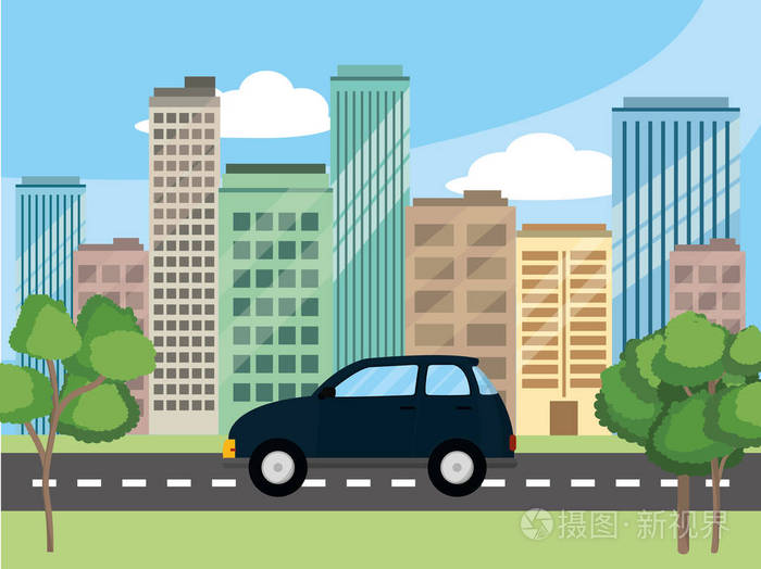 交通概念车在城市场景前城市景观卡通矢量插图平面设计