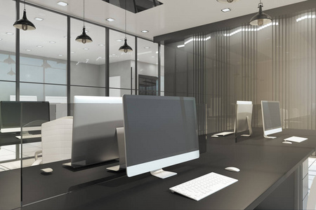 现代办公室内部的空电脑屏幕。 工作场所概念。 模拟3D渲染