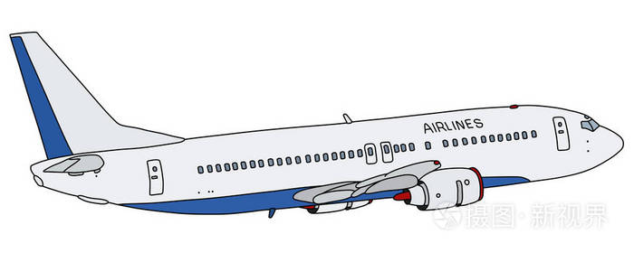 蓝色和白色喷气式客机矢量手绘图