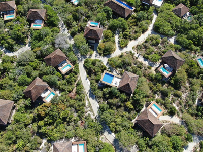 热带森林带游泳池的豪华别墅的鸟瞰图。 私人热带别墅，游泳池，热带花园，棕榈树旁边的海岸。 巴西巴伊亚