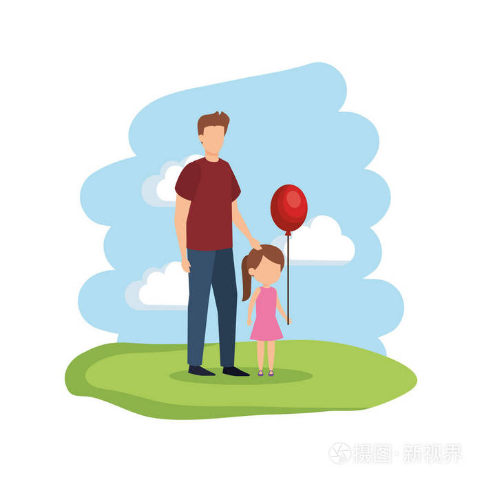 父亲带女儿和气球氦矢量插图设计