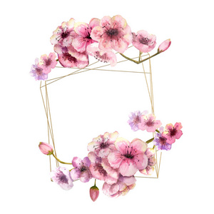 樱花, 樱花分支与粉红色的花朵在金色的框架和孤立的白色背景。春天的图像。框架。水彩插图。设计元素。花顶部和底部
