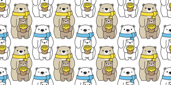 熊无缝图案矢量蜂蜜北极熊家庭围巾孤立卡通重复墙纸背景图白棕色