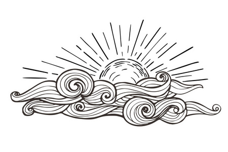 占星术复古绘画.在白色背景查出的向量手绘墨水太阳和云来古风格照片