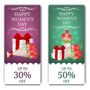 s Day Discount Banners with Gift Box and Tulips. Gift Box with R