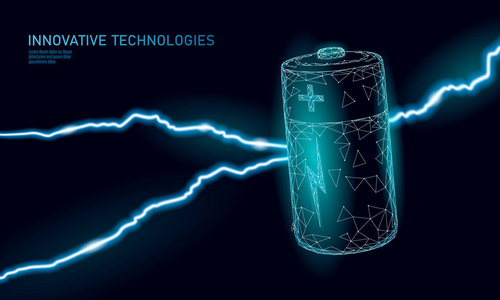 带电的多边形碱性电池。能源动力工作。危险的威胁局势雷电低多边形粒子空间暗天空产业技术概念向量例证