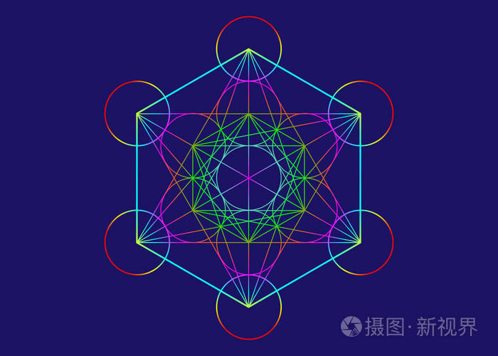 梅塔隆立方体, 五颜六色的生命之花。神圣的几何学, 图形元素向量查出的 