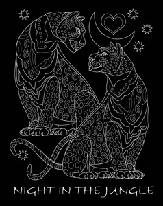 幻想画两只漂亮的豹子。 黑色背景上的海报，在丛林里有一个刻字的夜晚。 现代T恤印花和刺绣图案。 矢量图像。