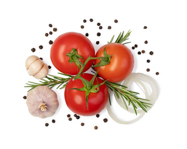新鲜番茄草本植物和香料分离的白色背景