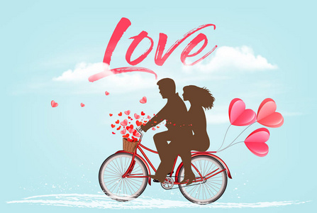 s Day background with a heart ballons and a bicycle with silhoue