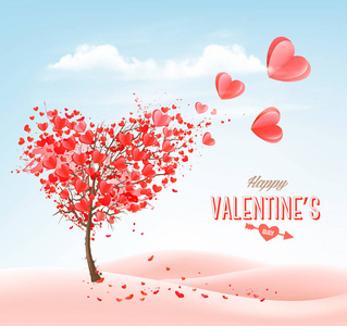 s Day holiday background with  heart shape tree and blue sky. Co