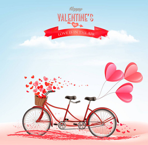 s Day background with tandem bicycle with red hearts. Concept of