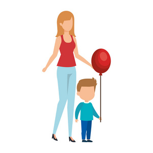 母亲带儿子气球氦矢量插图设计