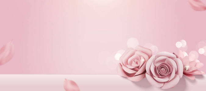 3d插图背景下的bokeh横幅上的浪漫婴儿粉色纸玫瑰