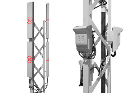 5G大型蜂窝网络塔或桅杆隔离在白色数字工业插图，3D插图