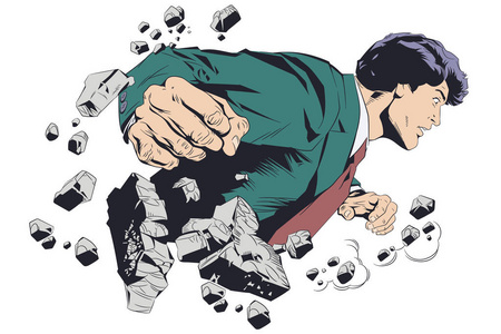 商人打破了墙. 商业突破.照片