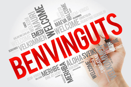 benvinguts欢迎使用Catalan词汇云在不同语言中的概念背景和标记